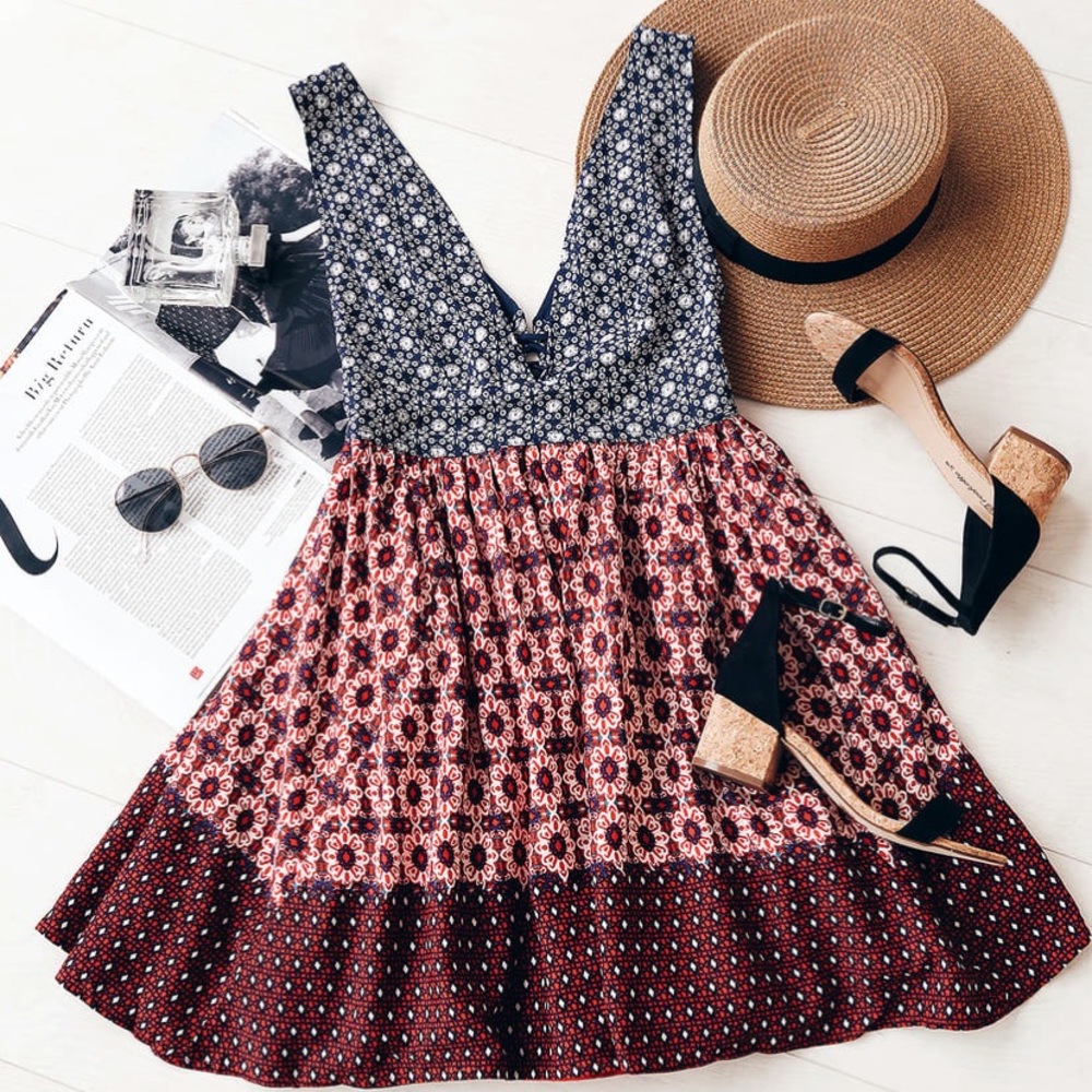 Navy Blue and Red Floral Print Dress